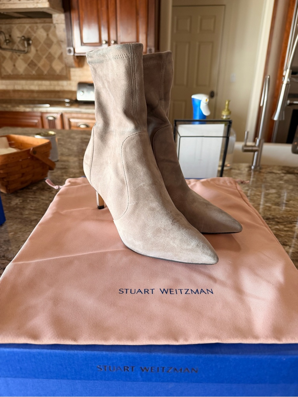 Stuart Weitzman Taupe Suede Pointed-Toe Mid-Heel Ankle Boots